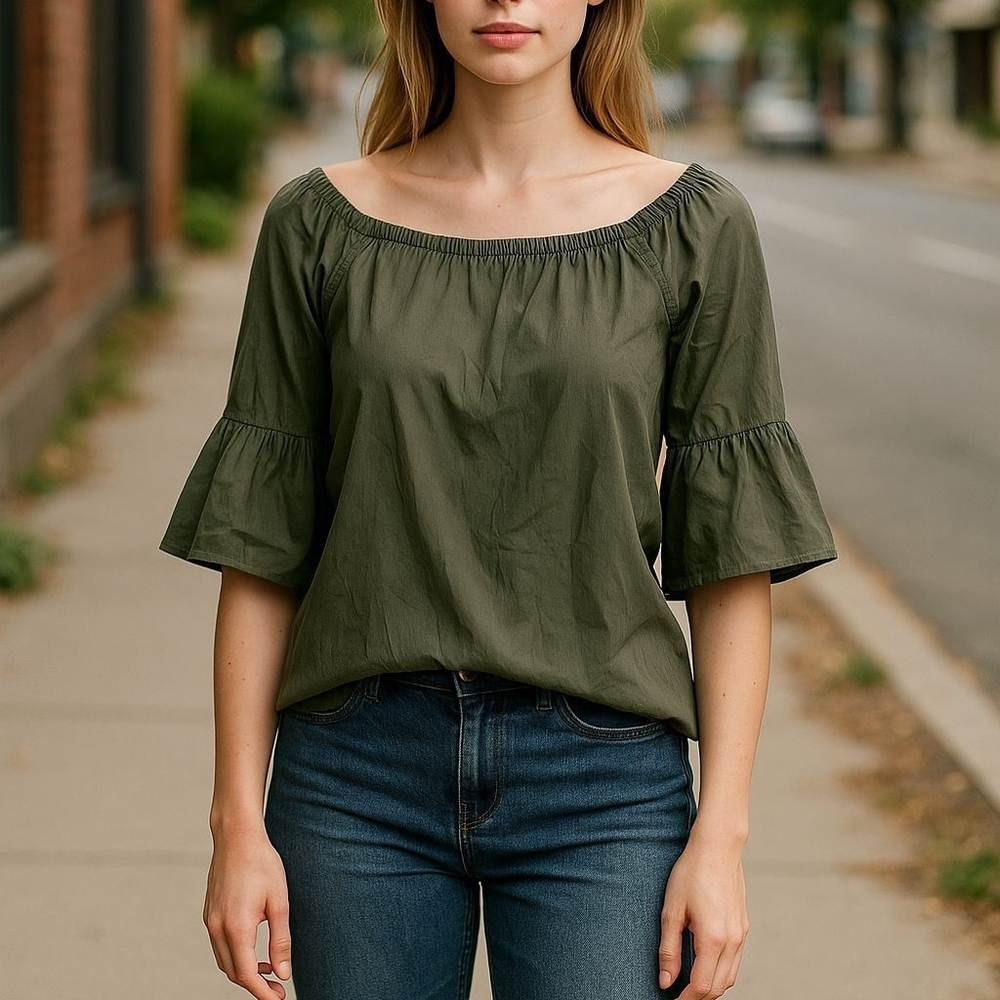 White House Black Market Off Shoulder Olive Blouse with Ruffled Sleeves Sz XS